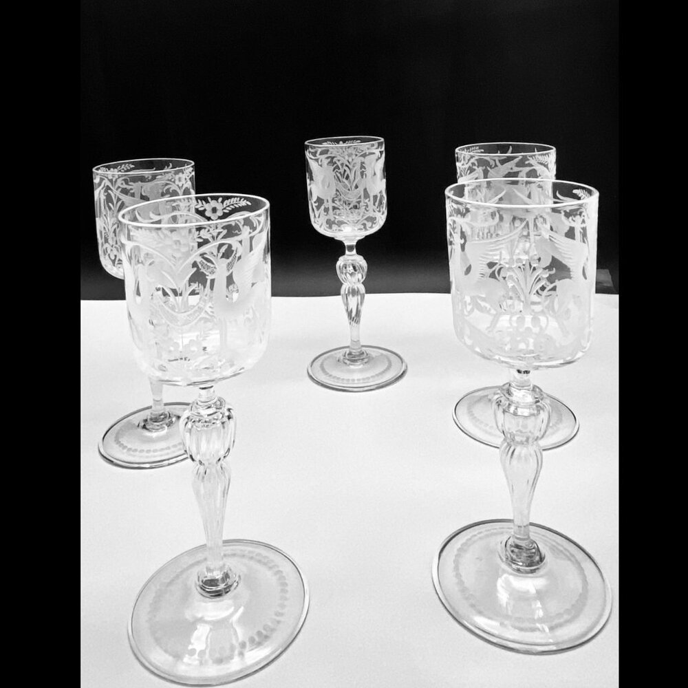 Edwardian Venetian Hand Blown-Engraved Griffin Wine Glasses